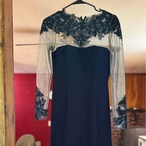 Elegant Navy Blue Dress with Sheer Sleeves